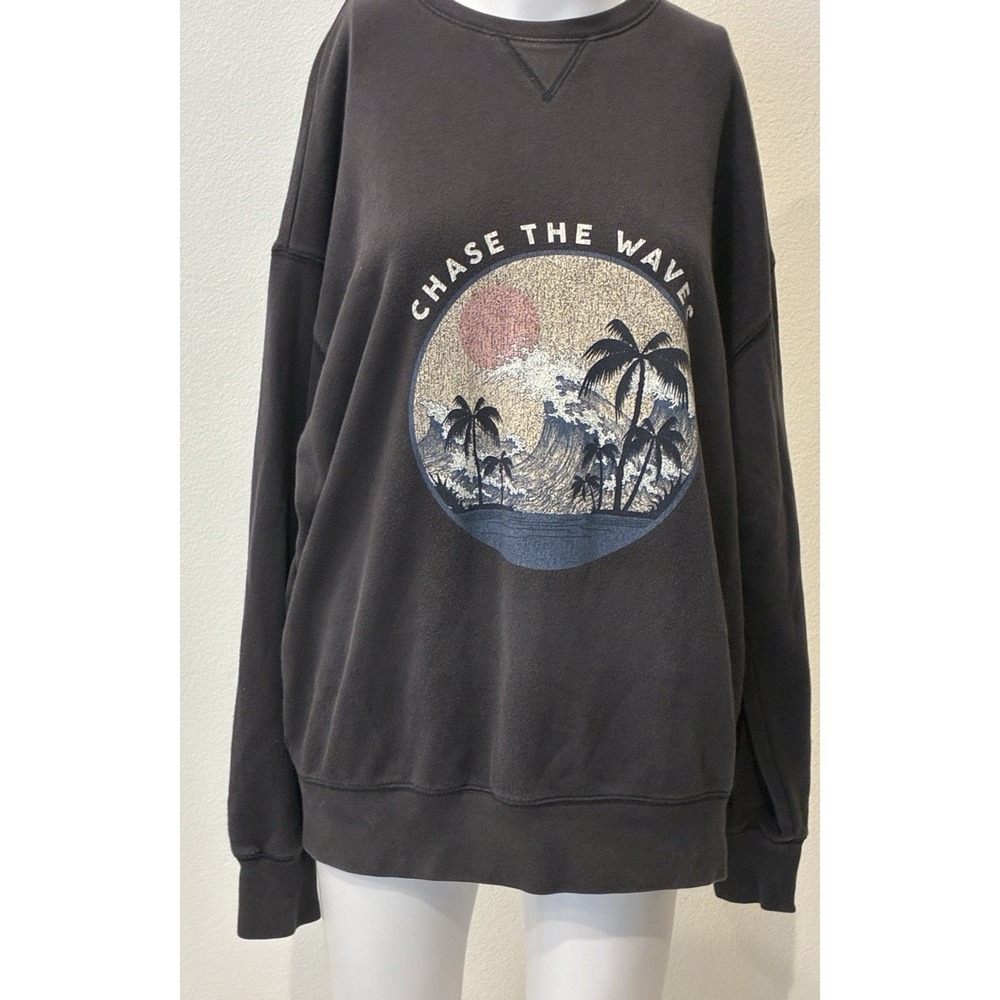 Flirtitude Crewneck Sweatshirt Chase The Waves Sz S Gray Oversized Athleisure